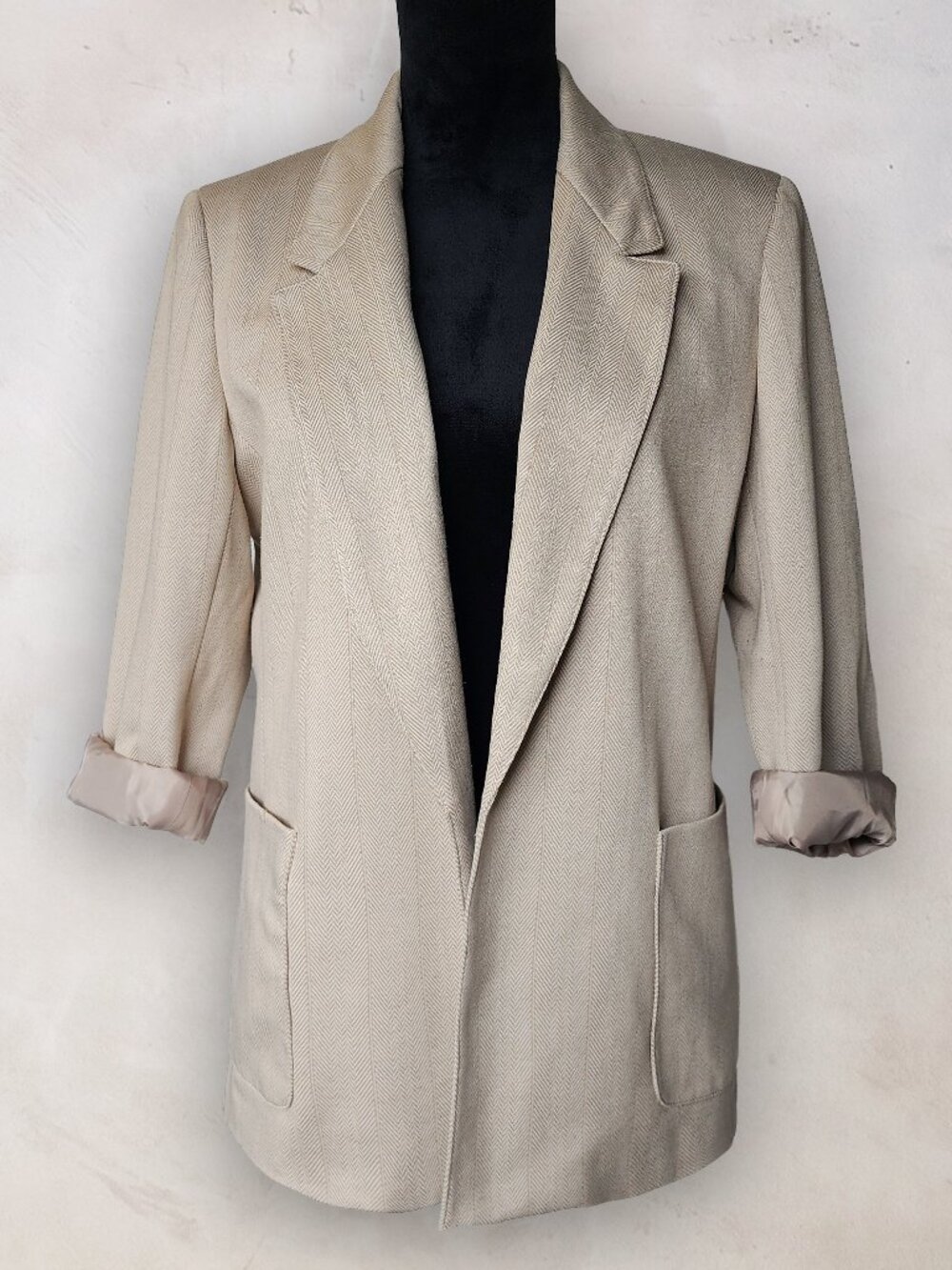 ANNE KLEIN Beige Chevron Herringbone Open Front Blazer Jacket Medium
